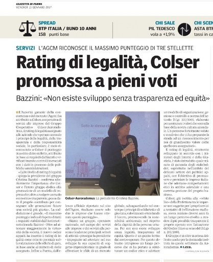 A COLSER il Rating di Legalità a tre stelle (Gazzetta di Parma, gennaio 2017)